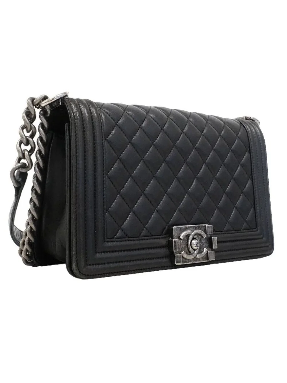 Chanel Shoulder Bag Boy Lambskin Black Silver